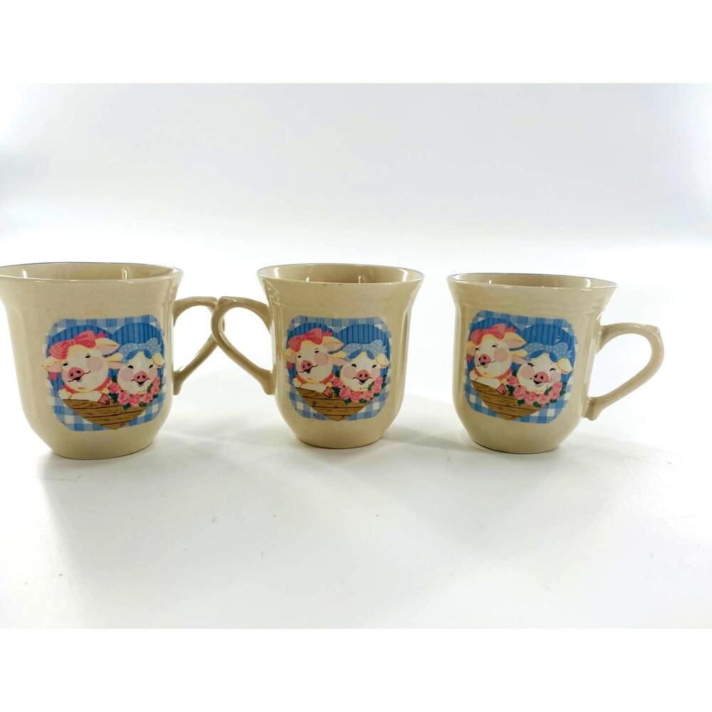 Tienshan Stoneware PIG PALS pink & blue 3.25" teacups SET OF 3